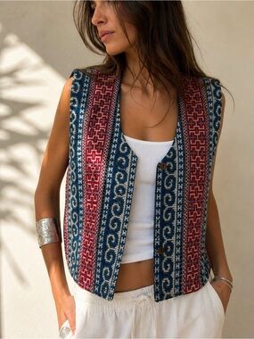 Vintage Reversible Woven Vest Artisanal Boho Euro Summer M/L 80s 90s Statement